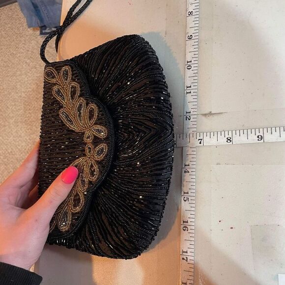 Vintage Beaded Snap Flap Corded Strap Clutch Shoulder Bag Black Small Flapper - Picture 10 of 14